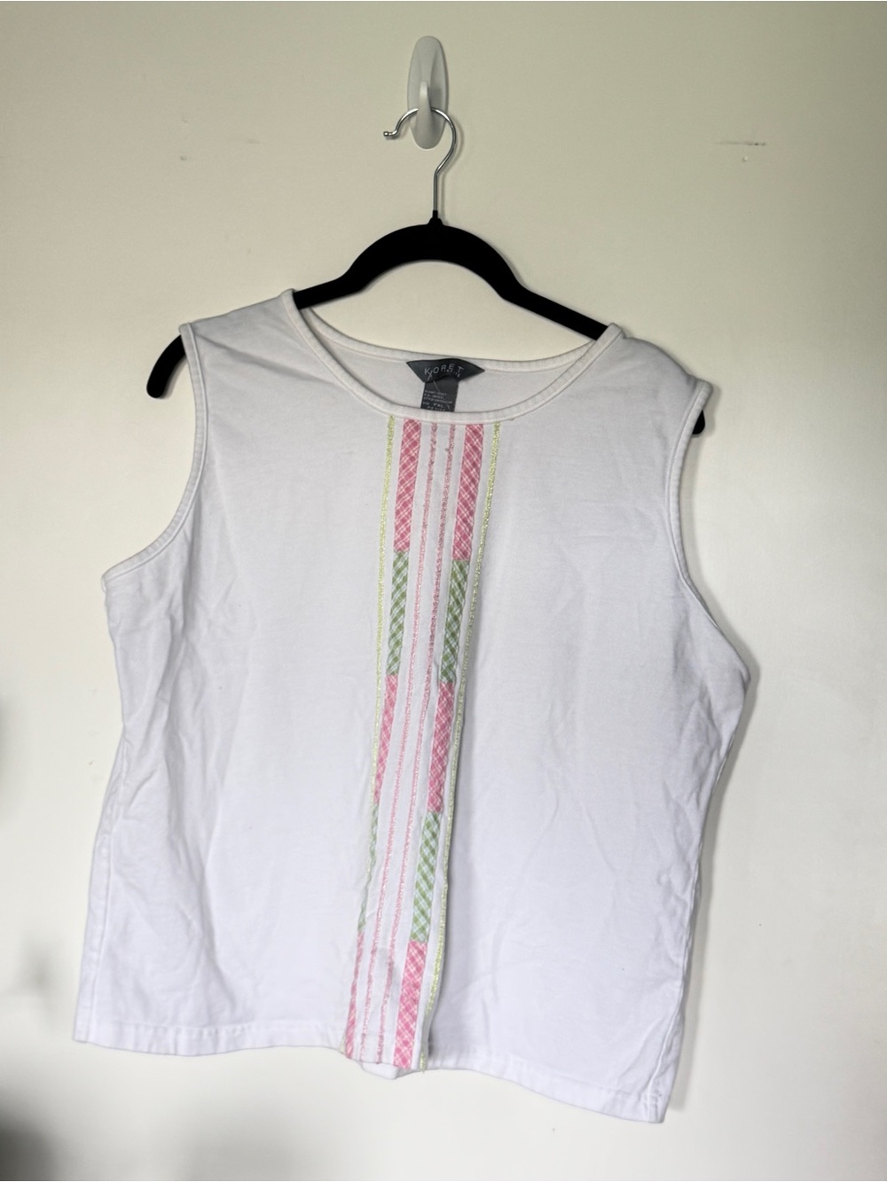 White Sleeveless Tank with Pink & Green Stripe Panel